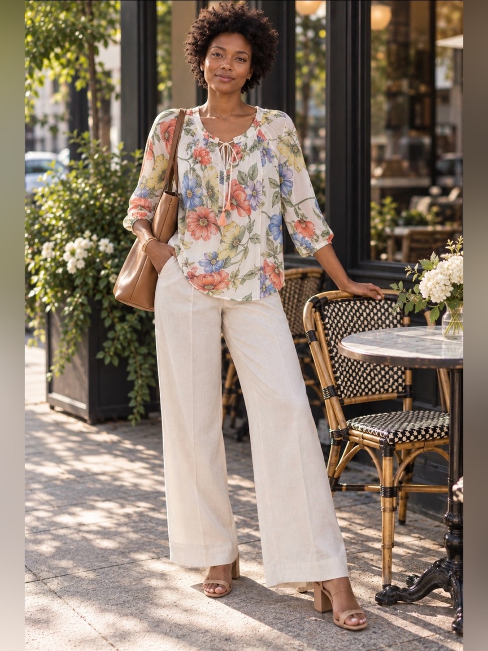 Daniel Rainn Floral Tassel Tie Neck Boho Blouse Size M